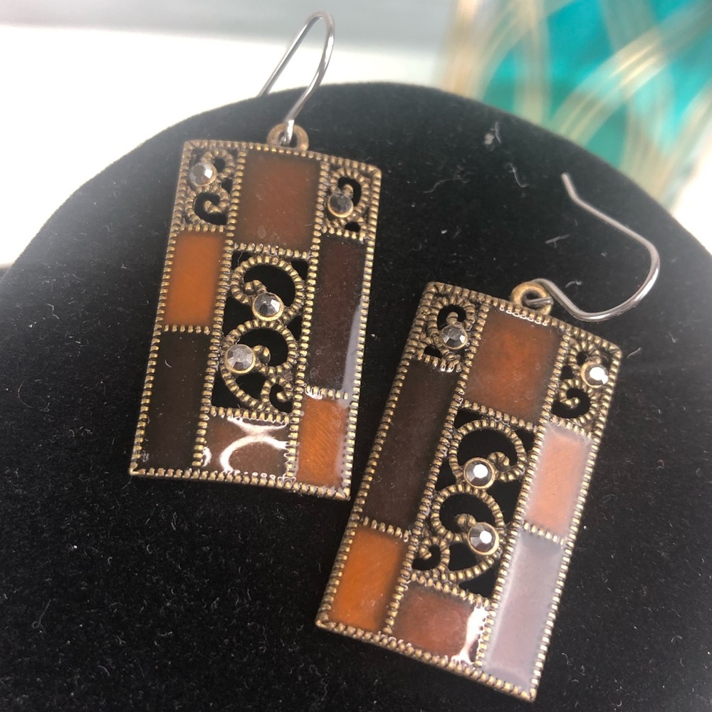 Amber Brown Rectangle Shaped Dangle Earrings - image 1